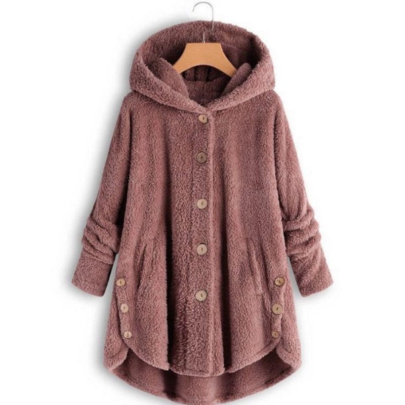 Women S Solid Color Hooded Button Plush Casual Coat