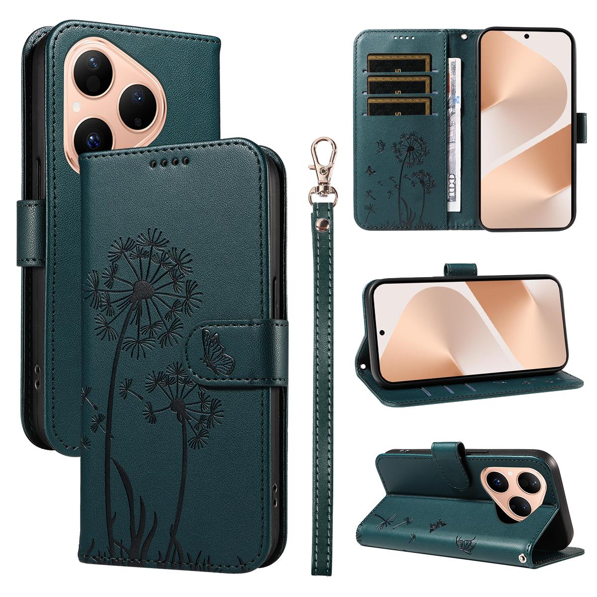 

For Huawei Pura 80 Leather Wallet Case with Strap Dandelion Imprint Phone Stand Cover Blue