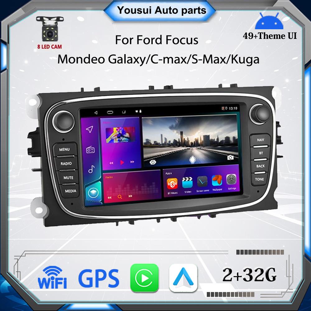

2 DIN Carplay Авто Радио Android Автомобильный мультимедийный видеоплеер для Ford Focus Mondeo C-MAX S-MAX Galaxy II Kuga 7 HD-экран Зеркальная связь GPS 2 + 32 ГБ 2+32GB чёрный