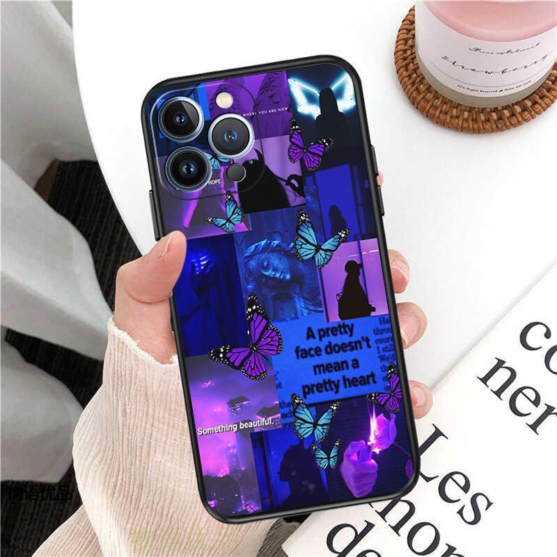 iPhone14 Plus mobile phone case, luxury pink flower butterfly mobile phone case, painted and anti-drop.