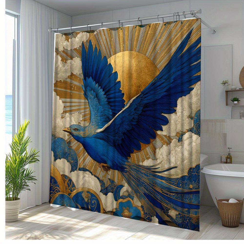 1pc Majestic for Blue Bird Shower Curtain - Soaring in Sunshine with Clouds & Golden Accents, Artistic Forest Theme Bathroom
