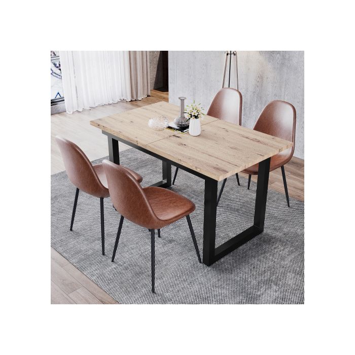 Table De Salle À Manger Extensible - MUVOE - L140/180*L80*H75 - Aspect Chêne + Noir - 6 Places - Métal