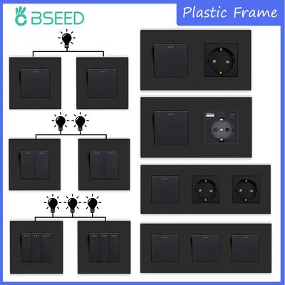 BSEED 1/2/3Gang Mechanical Button Switches 2Way For Stairs Plus EU Sockets USB Type-c Power Ports Matte Plastic Frames Black