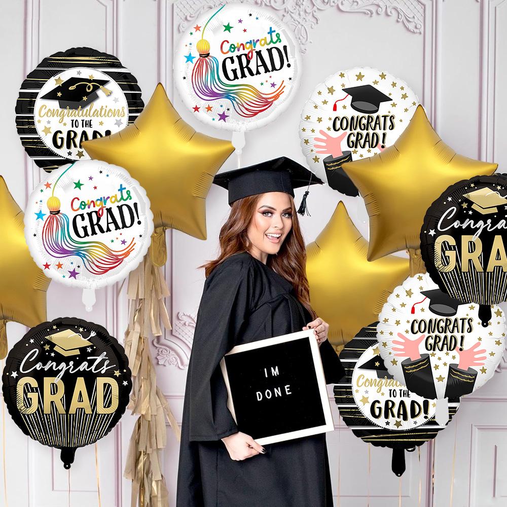 12Pcs Graduation Foil Balloon Set, Congrats Grad 18-Inch Round Mylar Balloons & Star Foil Balloons, Aesthetic Class of 2026 Deco