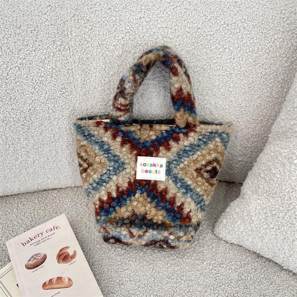 Cute Versatile Plush Women's Shoulder Bags Simple Stripes Female Handbags Fall Winter Ctrast Color Ladies Miscellaneous Bag