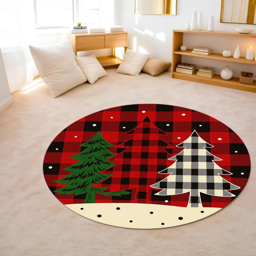 Christmas Reindeer Round Rug Red Snowflake Nordic Festive Pattern Floor Area Carpet for Home Living Room Bedroom Decor