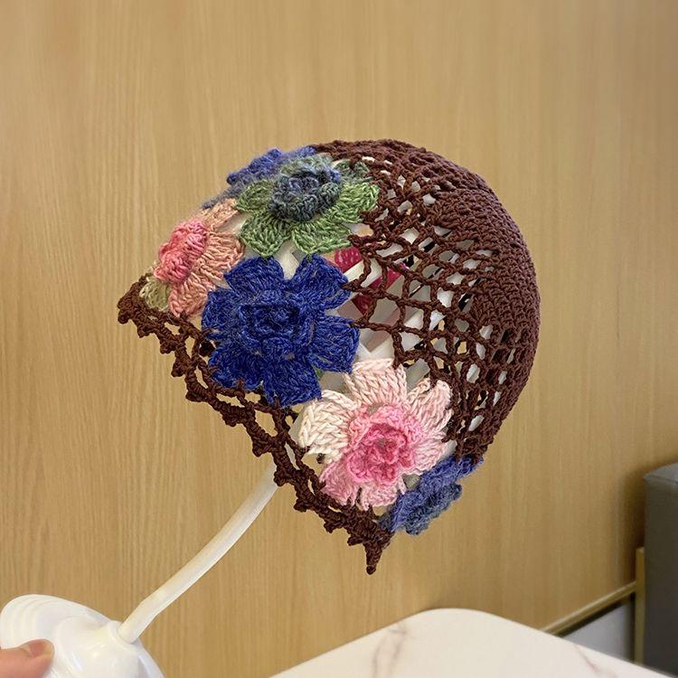 

Тюрбан ручной вязки крючком в японском стиле для женщин Элегантная мода 3D Красочный цветок Шапка пуловер Летняя ажурная дышащая шапочка one size