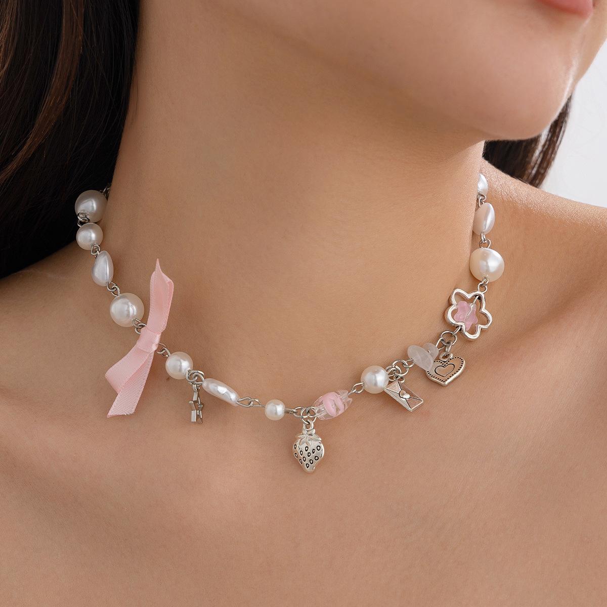 

Сладкое и прохладное пасторальное праздничное колье с бантом и сердцем для женщин, свежее изделие со звездой из искусственного жемчуга