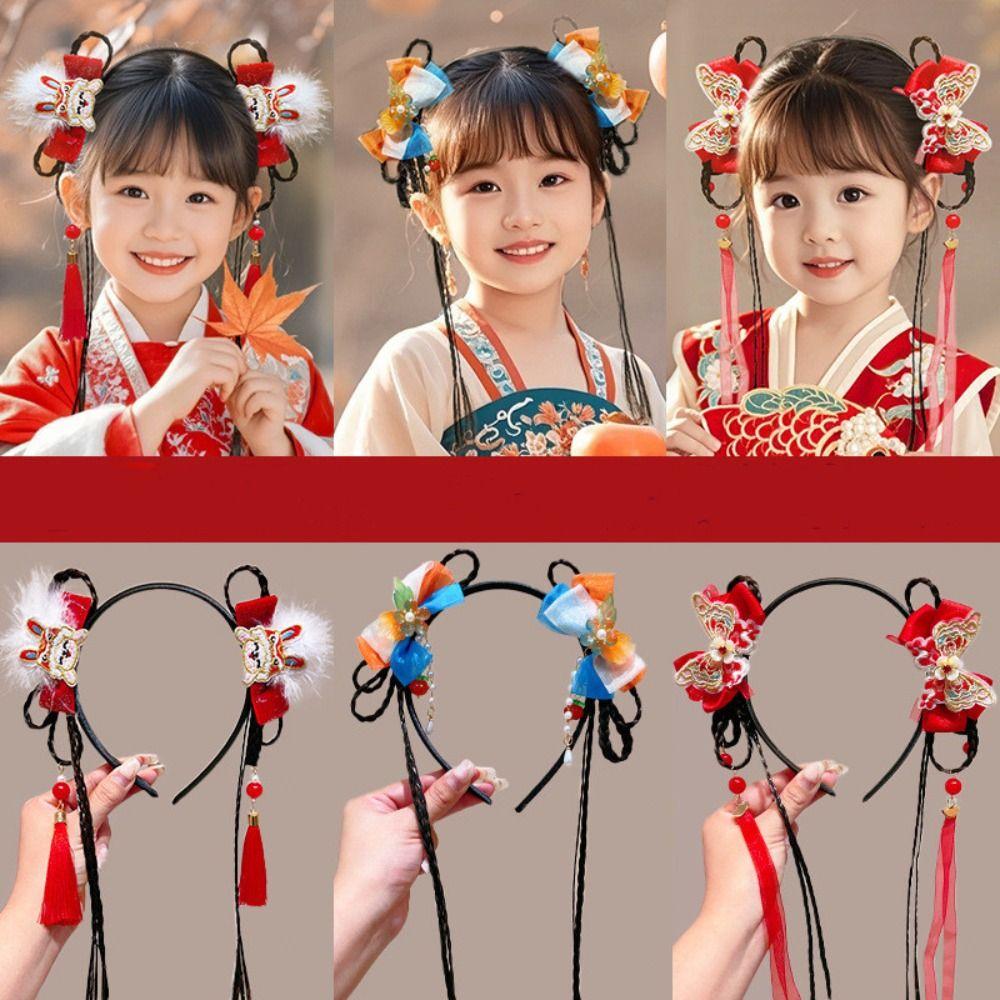 Tassel Children Wig Headband Flower New Year Hair Accessories Hanfu Headwear  Year of the Horse