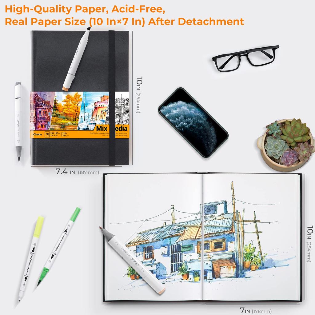 Ohuhu Acrylic and Watercolor 200gsm Watercolor 78 Mixed Extra Suitable for Kids and Acrylic Colored Watercolor and Christmas Gift Sketchbook, Paper,