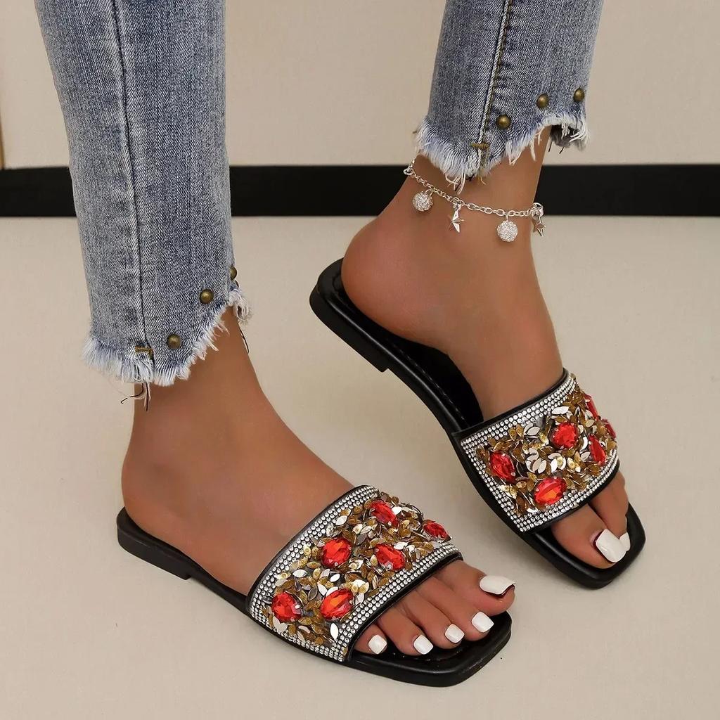 Summer Women Shoes Outdoor Open Toe Shiny Rhinestone Women's Slippers Large Size Flat female Slippers Women's Sandals