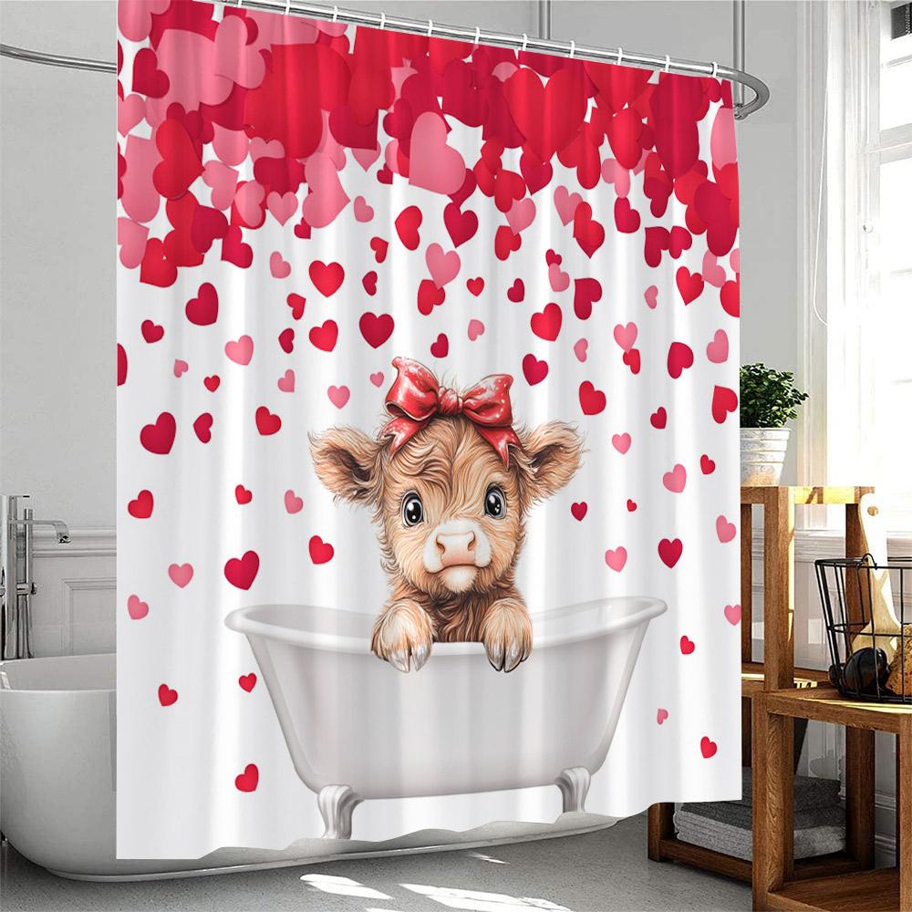 Valentine's Day Shower Curtains Cute Animals Highland Cattle Pig Flamingo Elf Heart Red Rose Bath Curtain Fabric Bathroom Decor