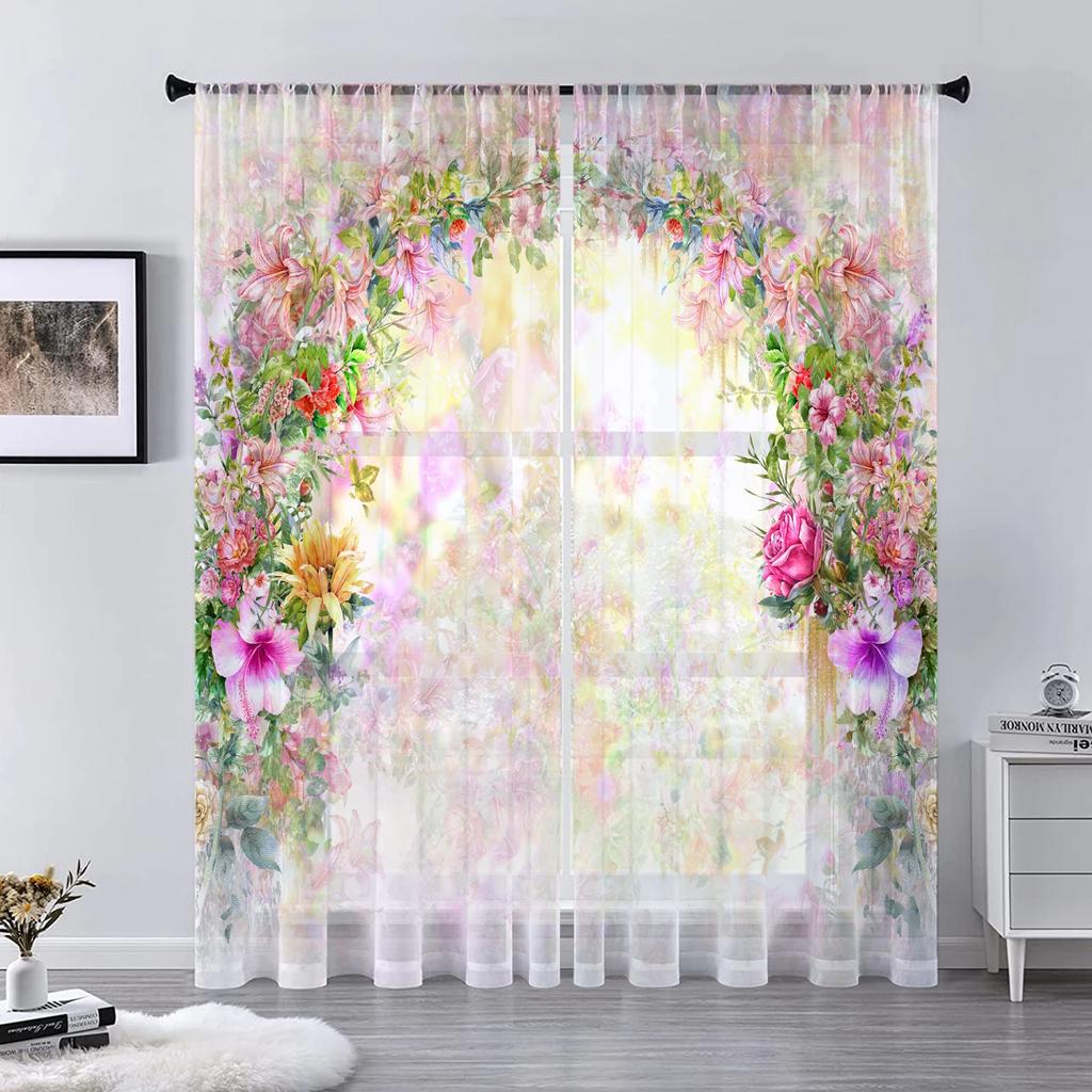 Flower Wall Voile Curtains Living Room Bedroom Decoration Transparent Chiffon Tulle Curtain Kitchen Window Treatment Sheer Polyester Sitting Decor