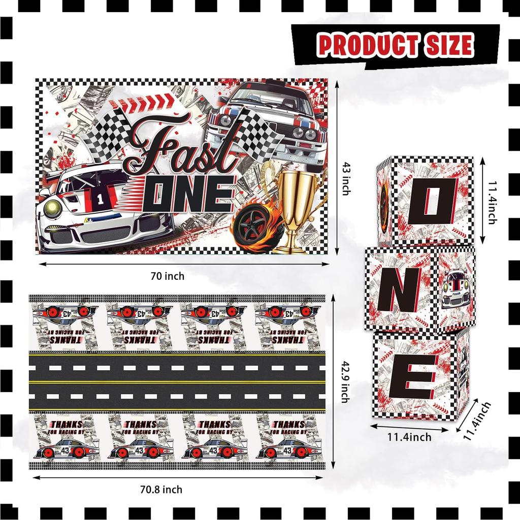 Fast One Birthday Decorations, 125 Pcs Race Car First 1st Birthday Party Supplies for Boys Baby - Banner, Cake Toppers, Balloons, Tablecloth,