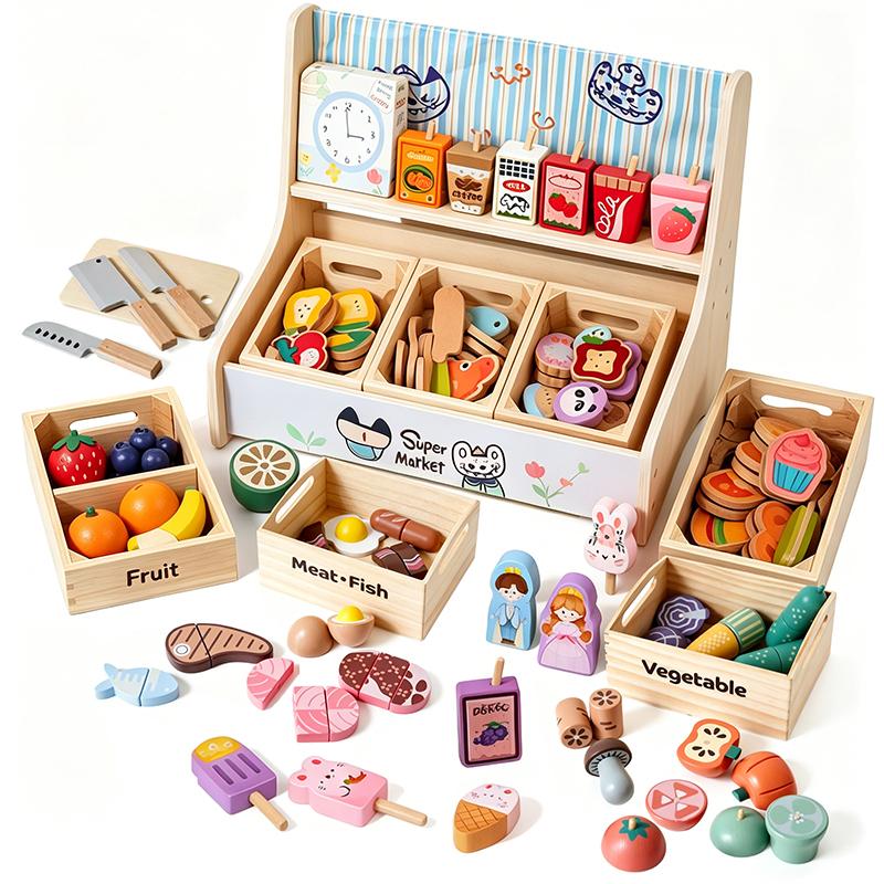 Conjunto de Brinquedos de Cozinha de Madeira para Brincadeiras de Faz de Conta Gancho Magnético Velcro Frutas Legumes Carne Sobremesa Brinquedos Educativos de Role Play