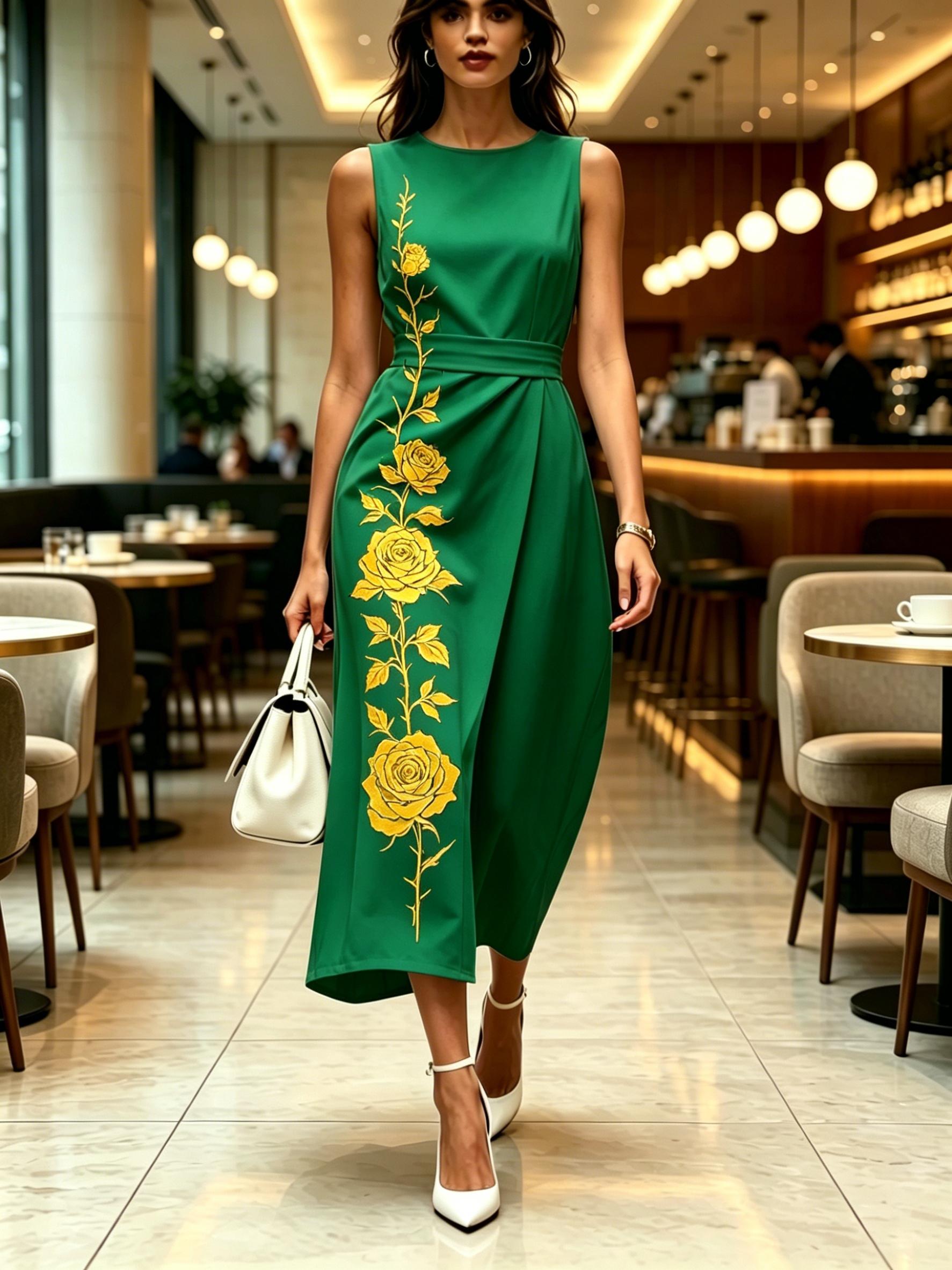 

Green with Yellow Rose Printed Round Neck Sleeveless Midi Dress Modern Elegant Casual Fashion Women s Clothing For Spring Summer And Autumn XXS