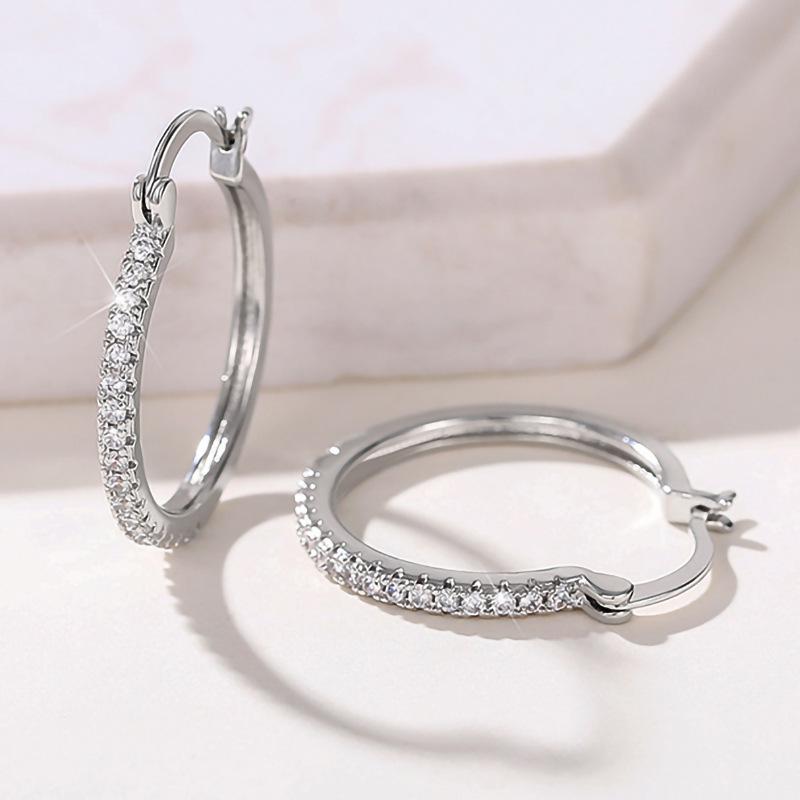 Popular Big Earring with Rhinestone 28mm Crystal Circle Hoop Earrings Simple Big Circle Silver Color Hoop Earrings for Women