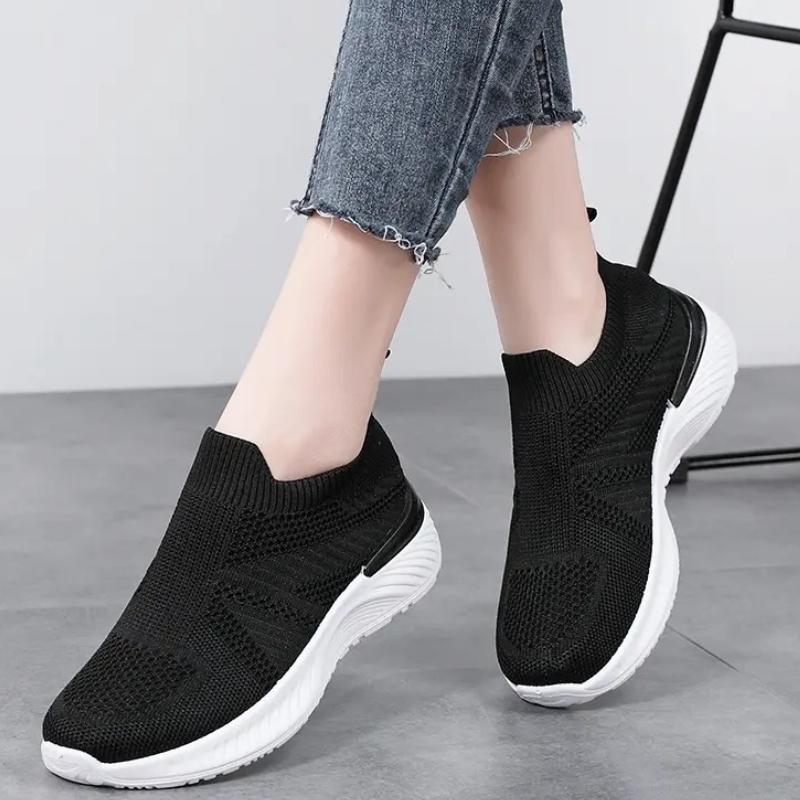 Breathable Mesh Women's Running Shoes Knitted Casual Sneakers Soft Walking Shoes Slip-on Flats Socks Shoes