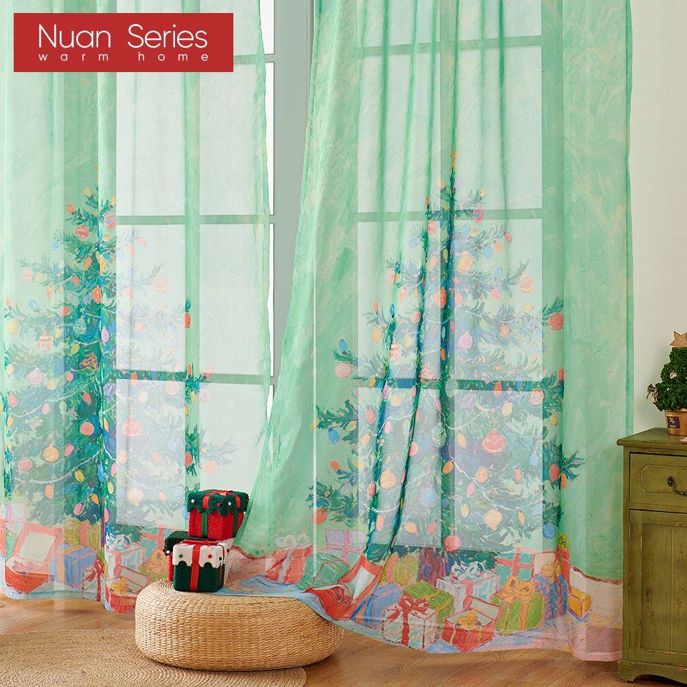 1PC Nuan Series Christmas Style Sheer Curtain Colorful Christmas Tree Print Tulle Curtain for Kitchen Bedroom and Living Room Home Decor