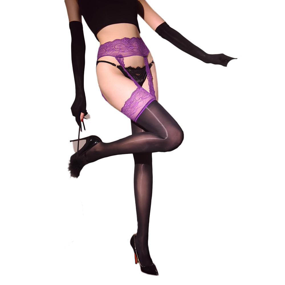 Sexy Women Lace Waist Oil Glossy Shiny Stockings Sheer See Through Over Knee Socks Vintage Shaped Stockings With Garters