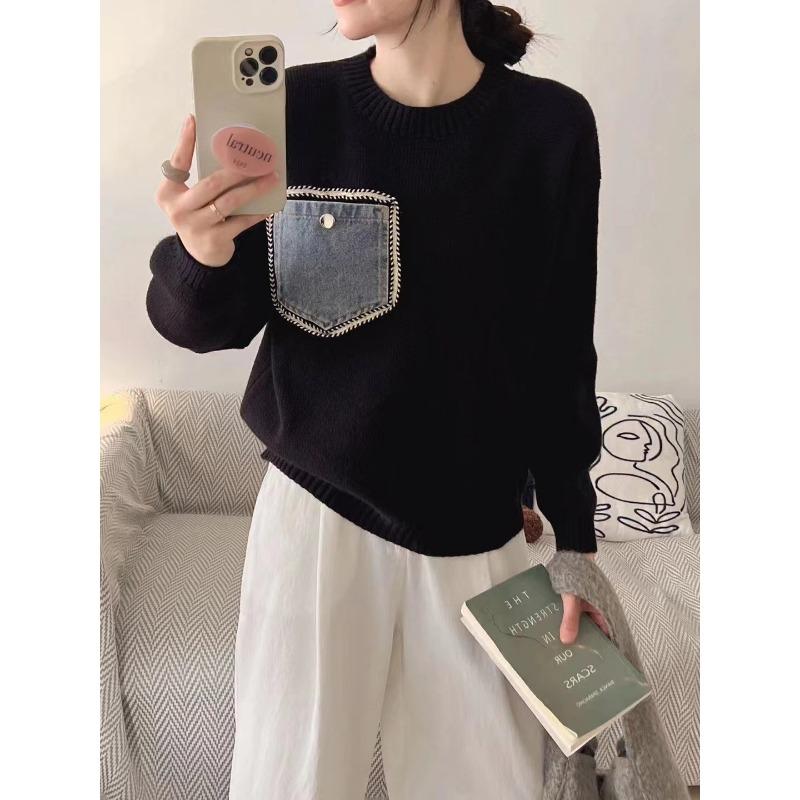 

Контрастный цвет круглый вырез сращивание джинсовый вязаный свитер топ осень и зима новый свободный свитер пуловер женский one size fits all