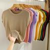 Ice Silk Knitted Sweater Women's Summer Slim Fit Round Neck Solid Color Versatile Off Shoulder Short Sleeved Top