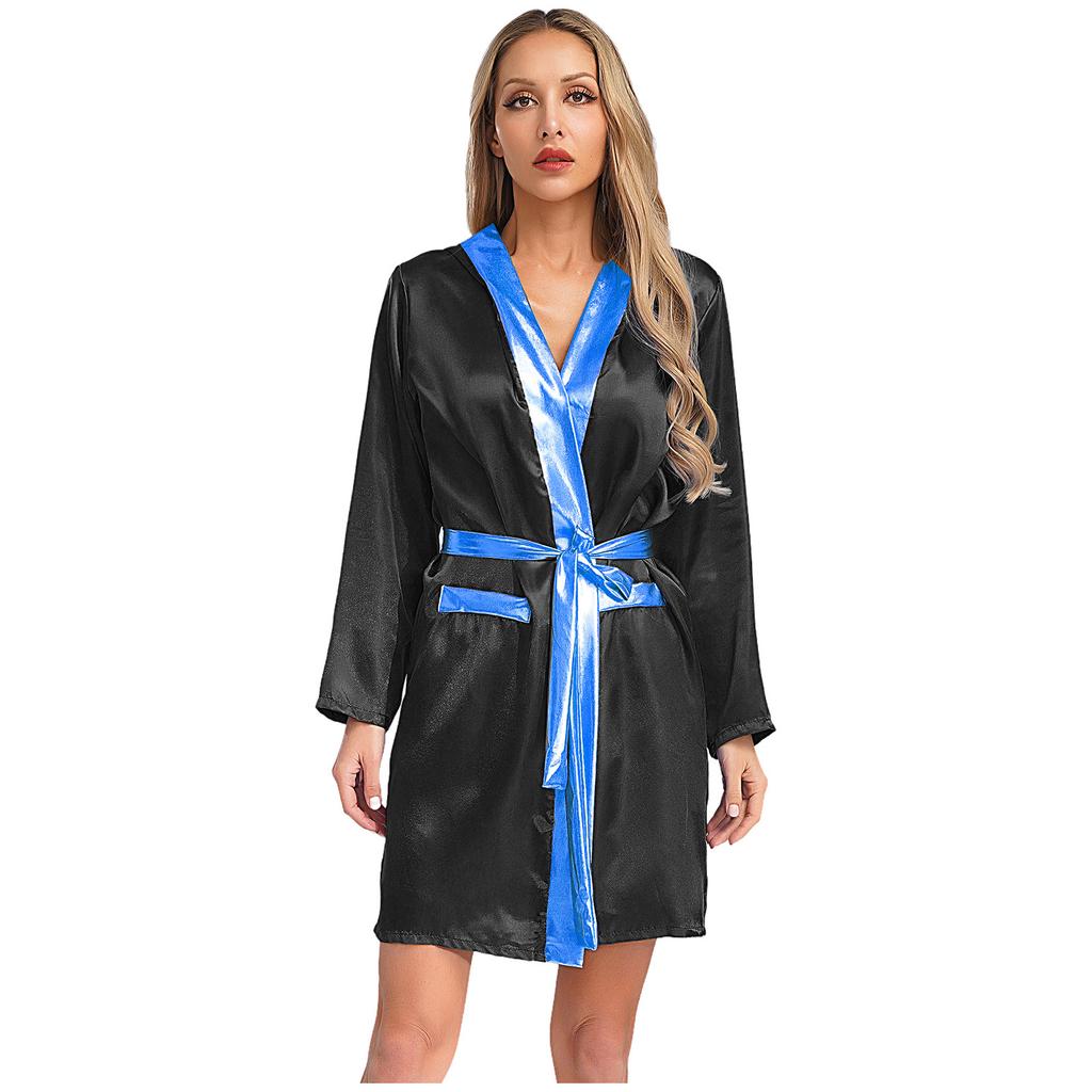 Damen Box Robe Halloween Cosplay Kostüm Langarm Offene Vorderseite Metallische Borte Satin Kapuze Umhang mit Gürtel