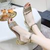 2025 Heels Casual Shoes Women's Open Toe Summer Gold Shoes Square Female Ankle Strap Low Heels Footwear
