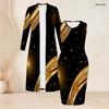 Women Plus Size Two Piece Dress Set Long Sleeve Open Front Cardigan Sleeveless Printed Bodycon Dress