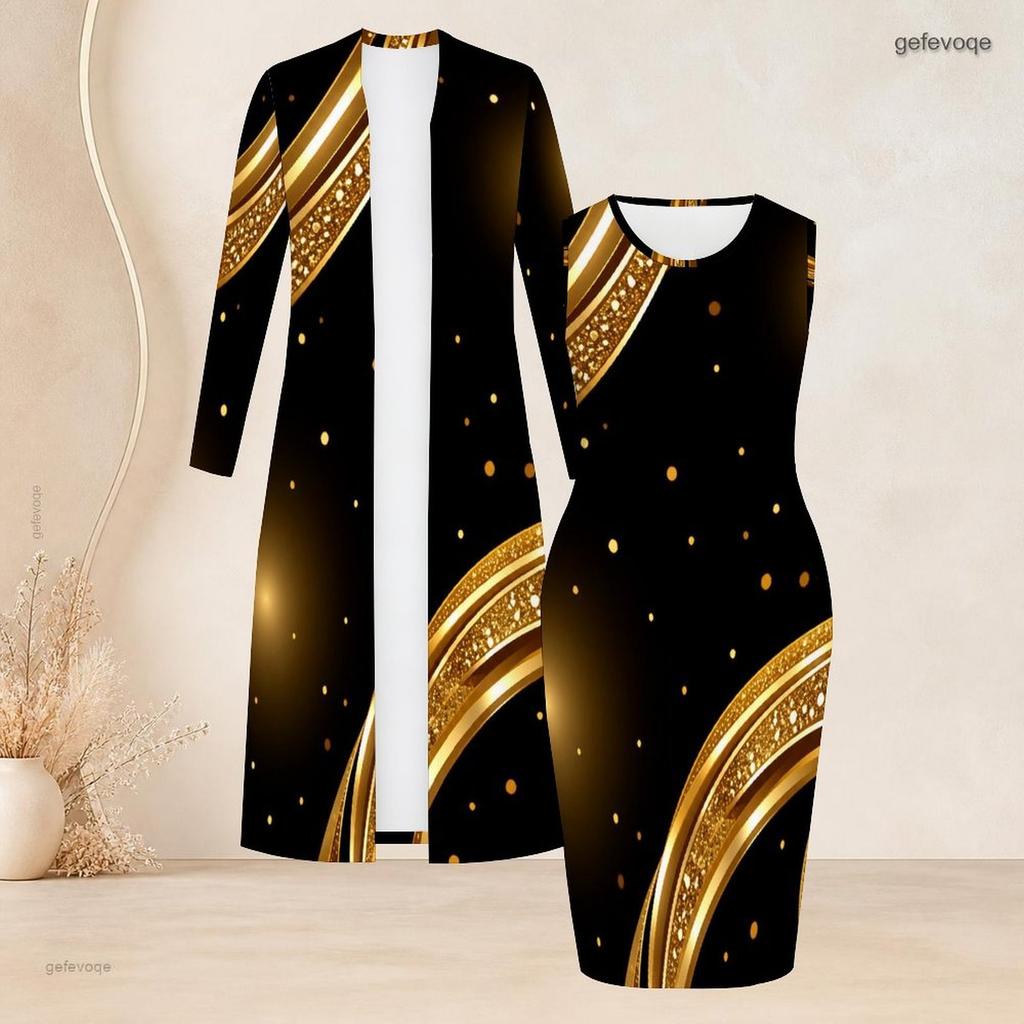 Women Plus Size Two Piece Dress Set Long Sleeve Open Front Cardigan Sleeveless Printed Bodycon Dress