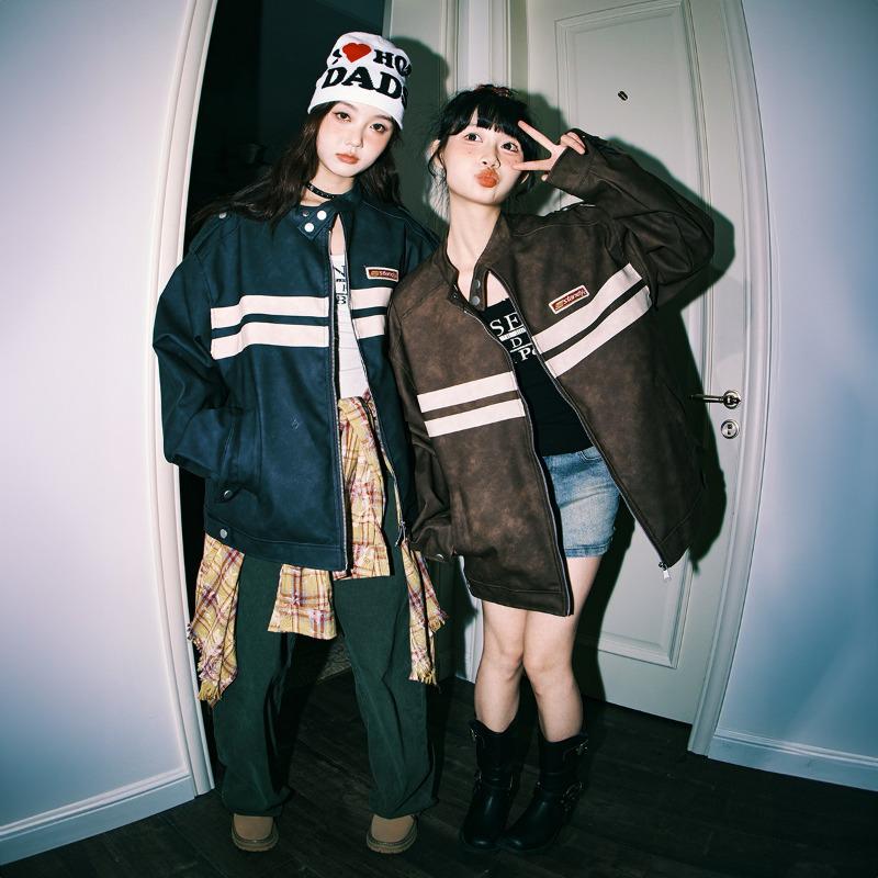 American Retro Striped Color Block Racing Leather Jacket for Men & Women - 2025 Spring Couples' Casual Trend.