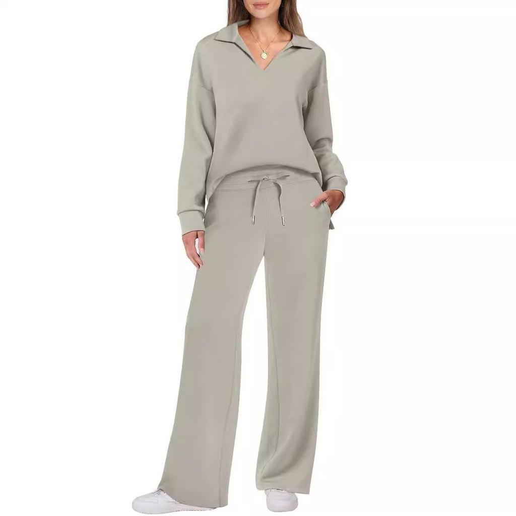 Suéter de cuello en V de manga larga deportivo informal de moda de otoño e invierno para mujer, pantalones de pierna ancha, traje de dos piezas