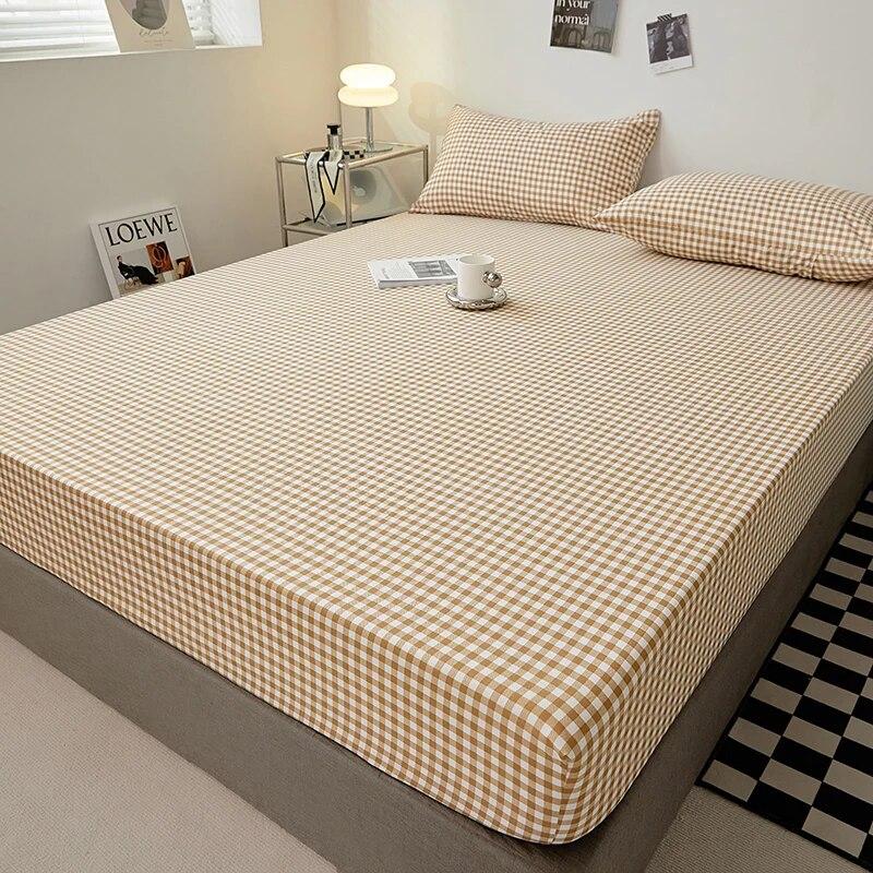 Cotton Fitted Sheet Soild Color with Elastic Band Non Slip Adjustable Mattress Cover Soft Comfortable for Double King Queen Size