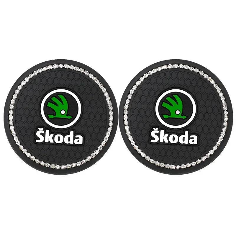 CAPR9 2pcs Car Water Cup Mat PVC Anti-Slip Coaster Pads for Skoda Logo Octavia VRS Yeti Kodiaq Fabia Superb 2 3 Karoq Rapid Scala