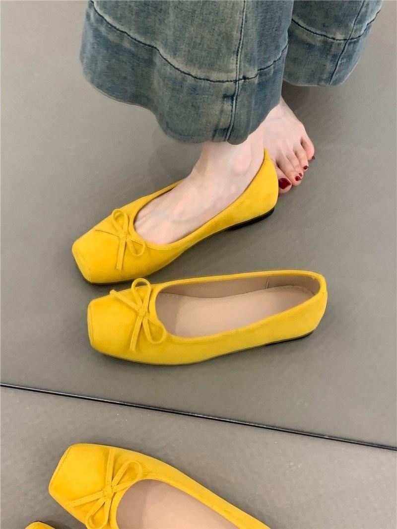 

Нежные туфли-балетки феи, милый элегантный бант, квадратный носок, мелкий вырез, мягкая подошва, вечерний ветер, женская обувь 35 жёлтый