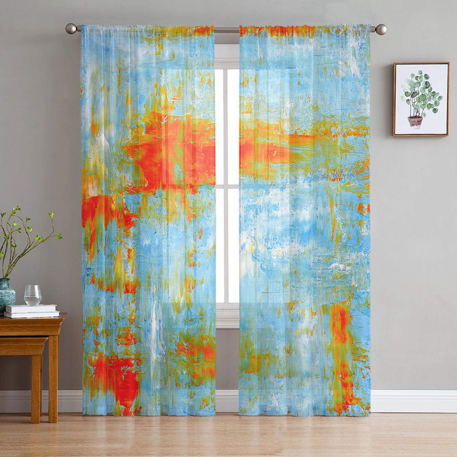Gelb Grau Abstrakte Kunst Textur Tüll in Transluzenten Vorhängen für Wohnzimmer Schlafzimmerbereich Küchenbereich Fensterdekoration Chiffon Vorhang Schirme 1 PCS W100XH250cm&Grommet Top