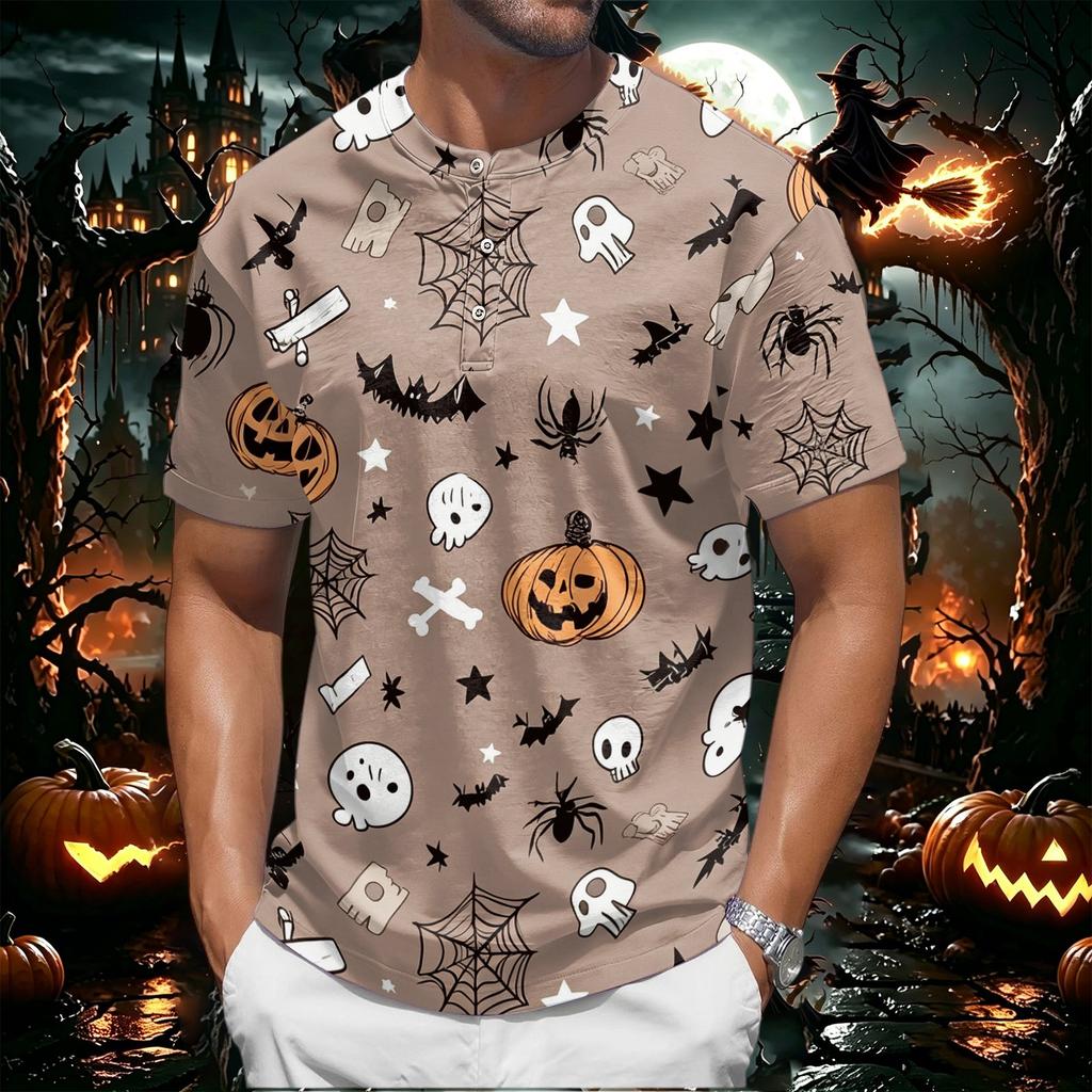 Men's Halloween Short Sleeve Henley Shirt Pumpkin and Bat Print Casual Lightweight Breathable Top for Seasonal Wear