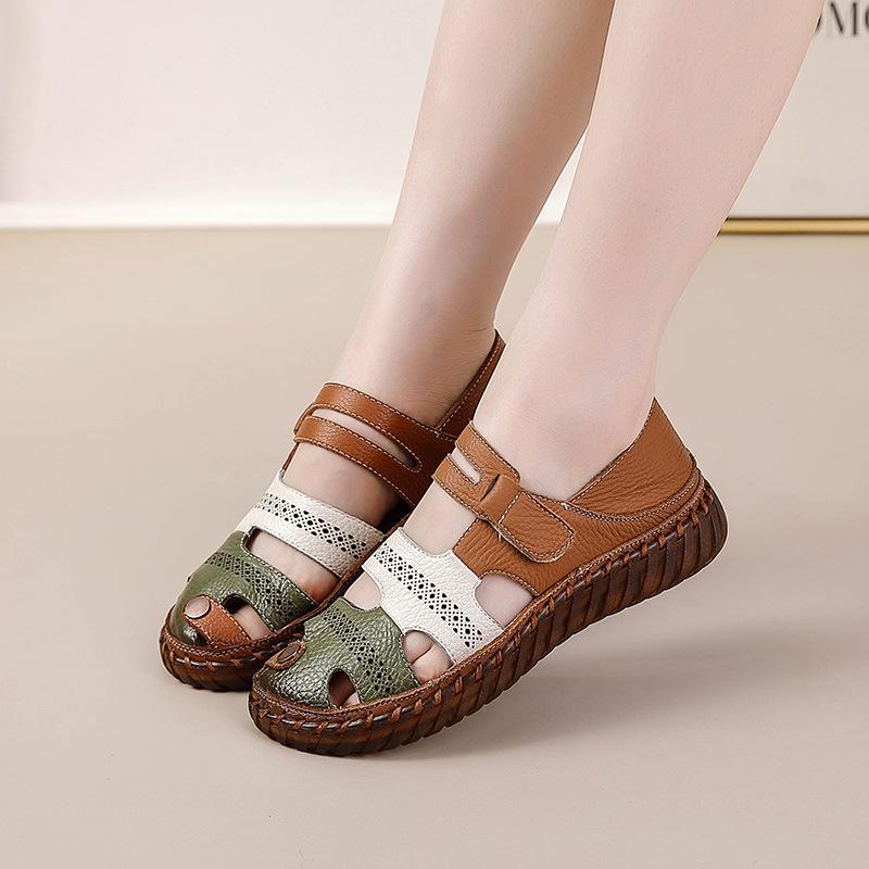 Gladiator Summer Sandals Women's Big  Woman Real Leather Sandals Ladies Patchwork Strap Non-slip Flats