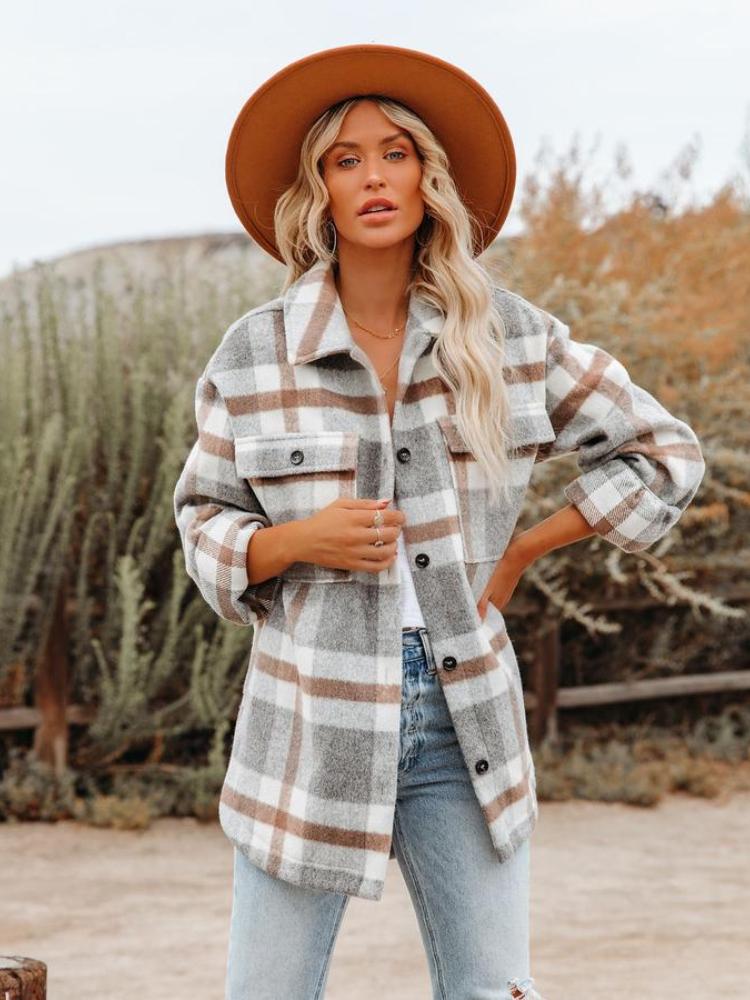 Women's Plus Size Checkered Shirt Button Down Flannel Shirt Multifunctional Jacket for Autumn and Winter Seasons