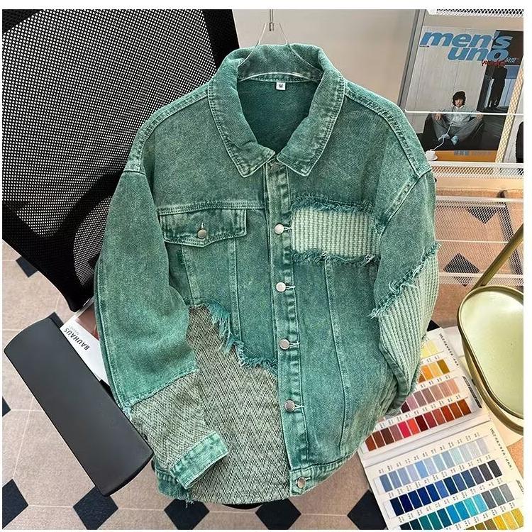 

Модна зелена джинсова куртка з ефектом прання: Американський ретро-патч, комбінований, вільний, що стрункий, осінньо-зимовий стиль 3XL зелений