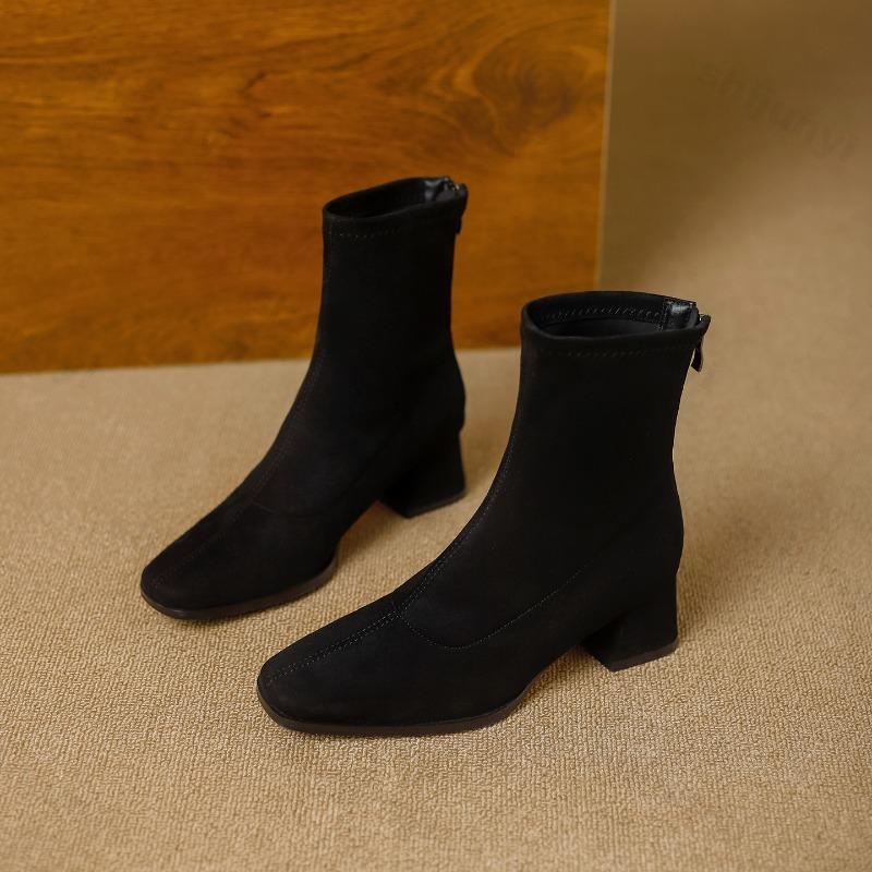 High Quality Faux Suede Ankle Boots Women Fashion Square Toe Sewing Back Zipper Designer Boots Comfortable Wedges Fashion Boots