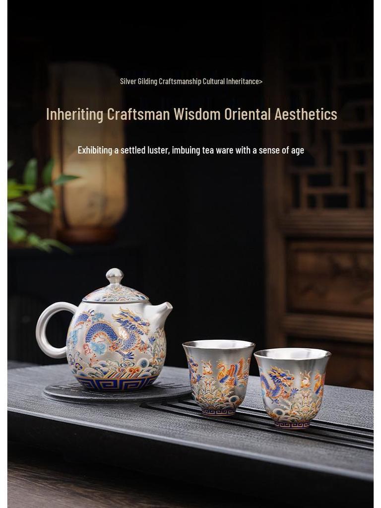 Luxury Dragon & Phoenix Silver-Plated Tea Set: One Pot, Two Cups, Dragon Egg Infuser, Gift Box Included