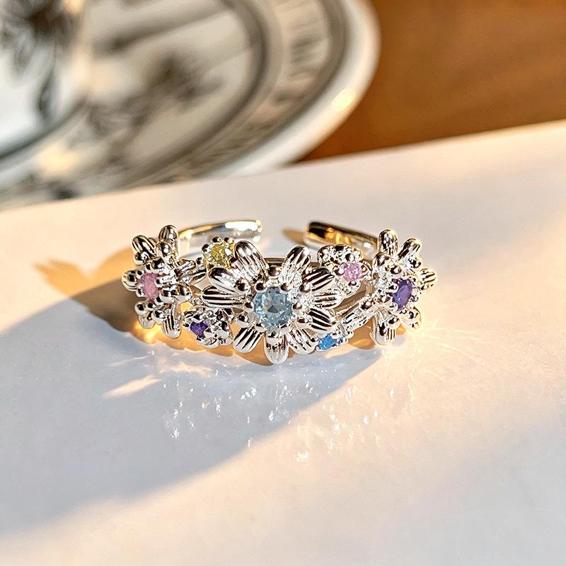 Small Fresh Mori Ice‑Blue Star‑Motif Flower Zircon Open Ring Exquisite Niche High‑Sense Personality Adjustable Stack‑Wear Trend Jewelry