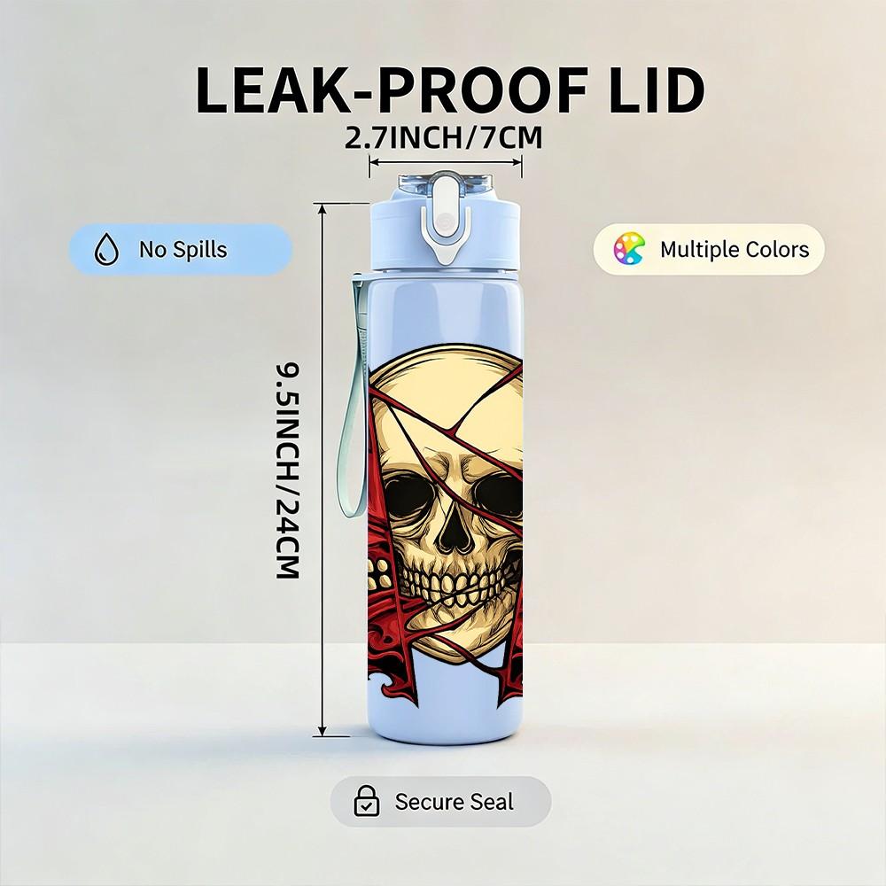 1PC Red Skull Rose Ornate Print 750ml Color Plastic Sports Water Bottle Leakproof Flip Straw Lid Suitable for Sports Office Home Use