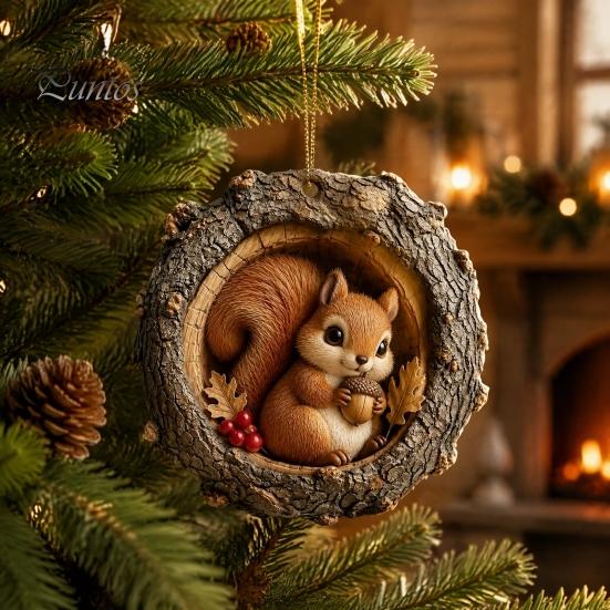 Acrylic Animal Ornaments Tree Hole Ornament, Owl Fox Raccoon Bird Hedgedog Holiday Decor Pendant Squirrel Pinecone Pendant, Seasonal Hanging