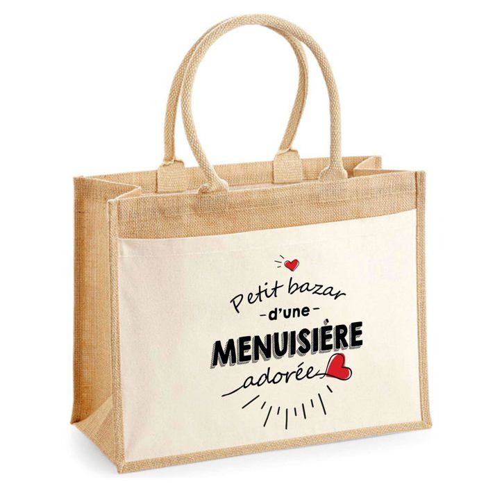 Sac de plage - PLANETEE - Jute avec poche Bazar d'une Menuisière adorée - Coton - Beige - 43x33 cm