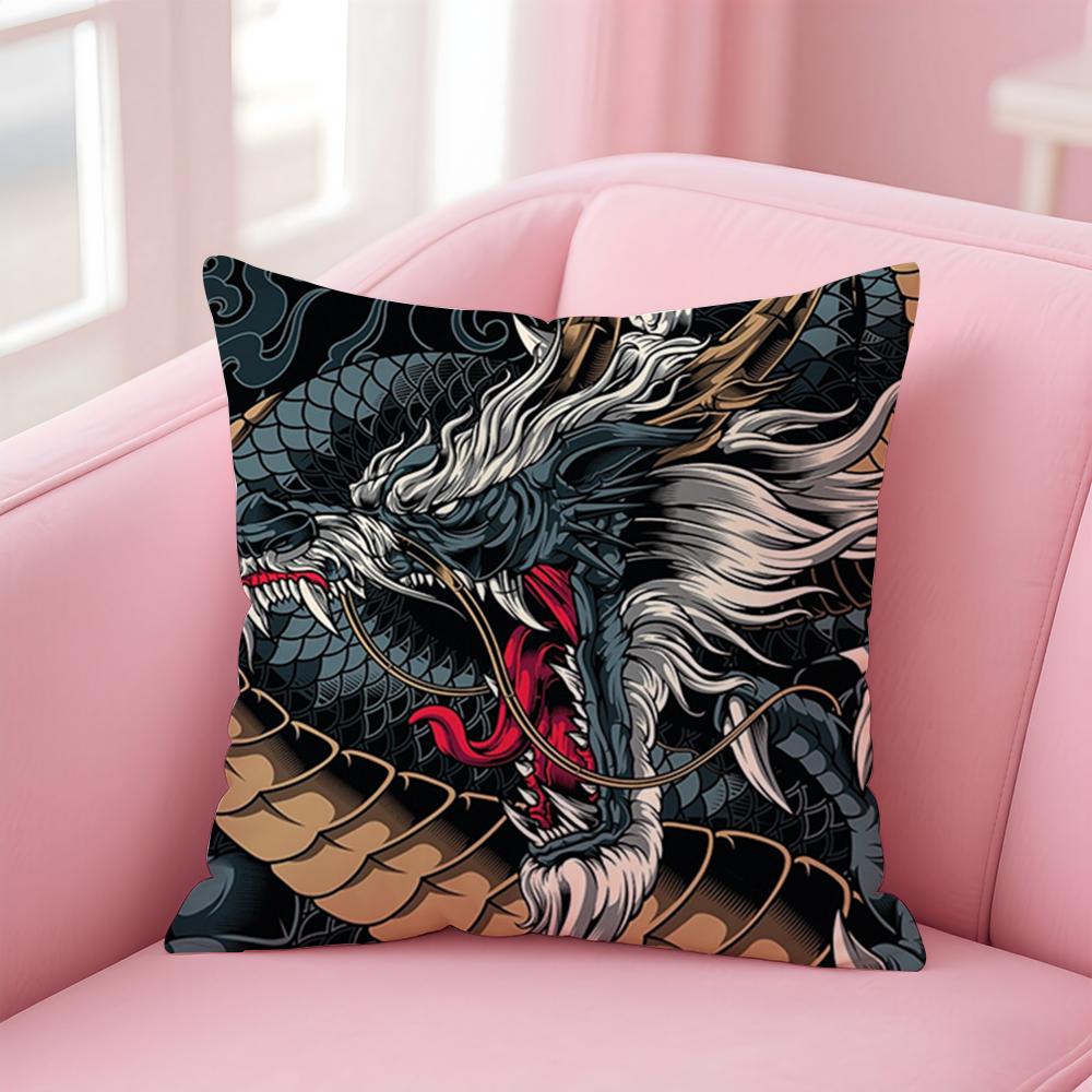 Mythology Traditional Japanese Dragon Cushion Cover Pillowcase Short Plush Invisible Zipper Room Sofa Cushion Cover