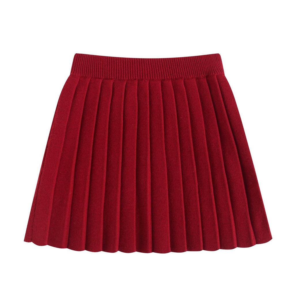 Girls' Pure Cotton Knit Korean Bowknot Set: Red Cardigan & Pleated Skirt with Lapel, Customizable