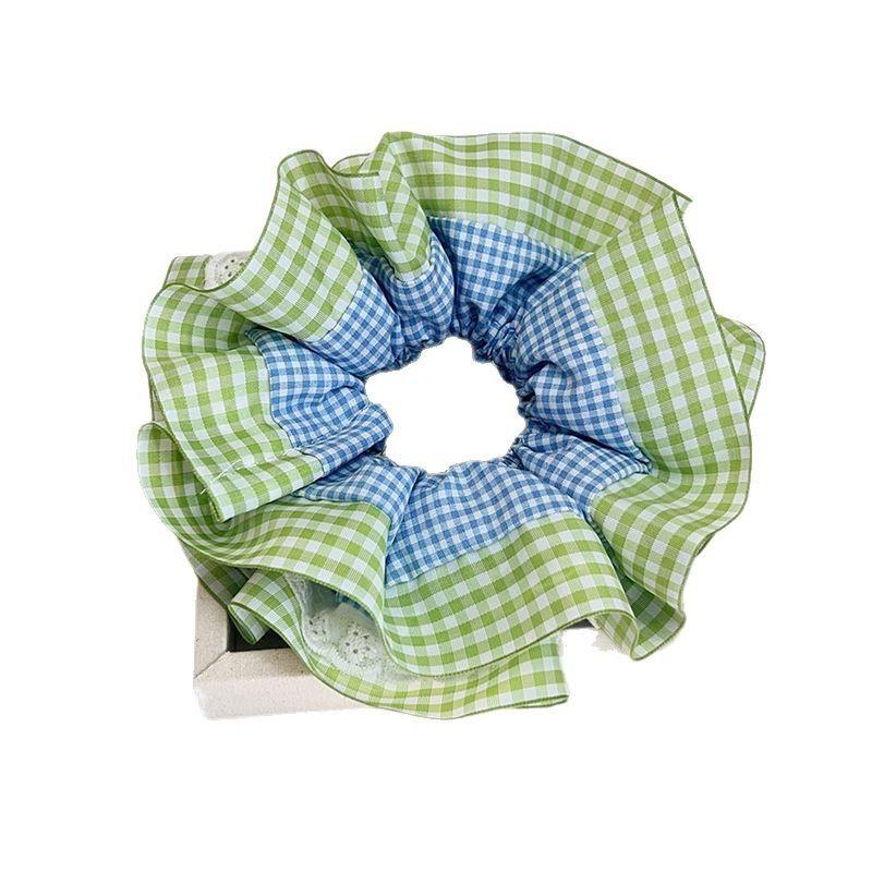 1pc Fresh blue-green~Double layered lace plaid large intestine headband, high-end hair accessory, headband