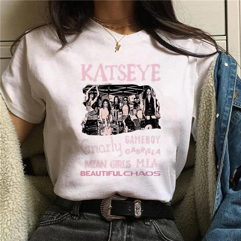 Womens Katseye Print Casual T Shirt Gothic Y2k Tshirt Women Korean Style Graphic Tee Tops Crew Neck Short Sleeve Tshirt Clothes